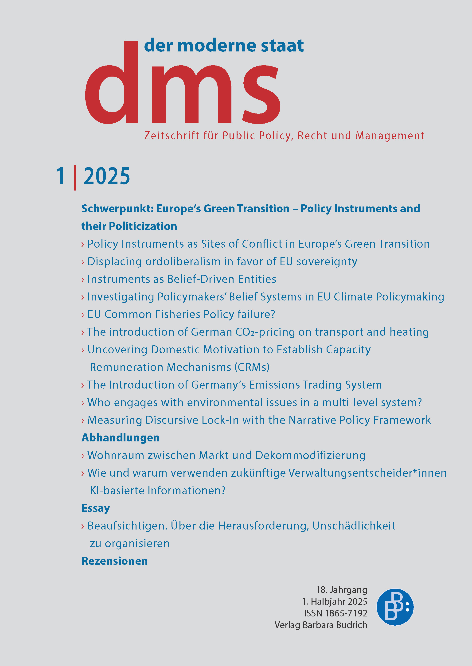 dms – der moderne staat – Zeitschrift für Public Policy, Recht und Management 1-2025: Europe’s Green Transition – Policy Instruments and their Politicization